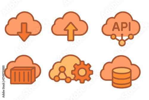 Cloud computing service icons featuring data storage and network symbols