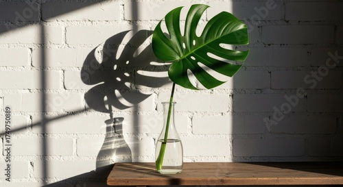 Single Monstera leaf in clear glass vase against a sun-drenched white brick wall with sharp artistic shadow, representing simple growth and modern minimalism.