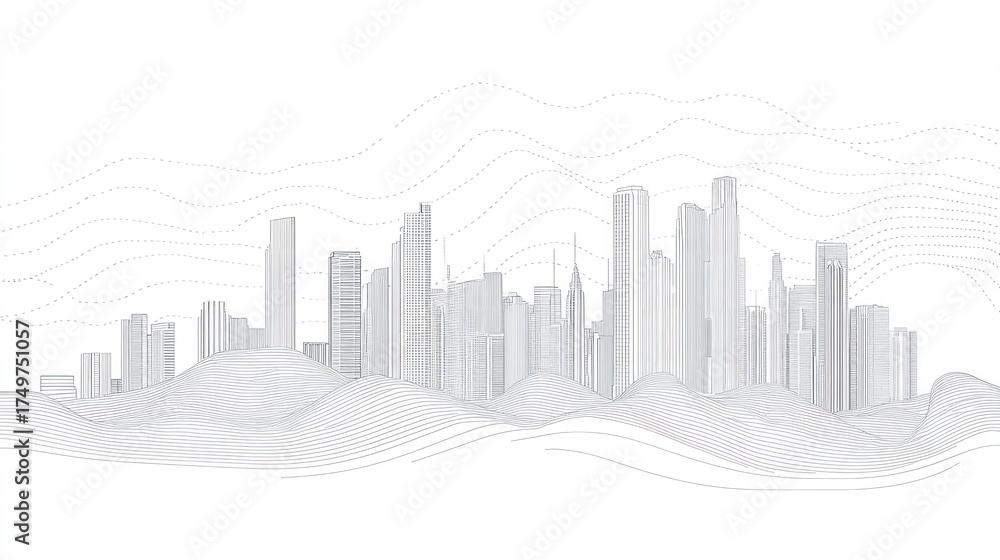 Naklejka premium Cityscape skyline on rolling hills, digital rendering, architectural design, website banner
