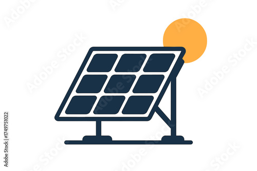 Photovoltaic solar panel array icon with bright sun in background