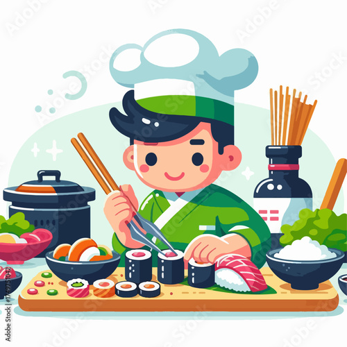 A cute cartoon chef in a green uniform preparing a variety of fresh sushi rolls and nigiri on a wooden board.