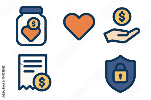 Set of security icons for financial charity donation and payment concepts