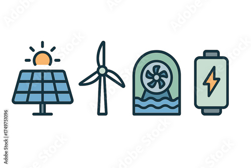 Solar wind hydro battery storage renewable energy icons set