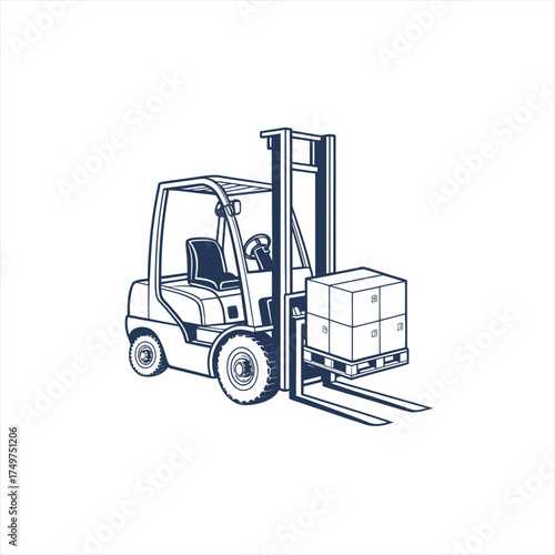 Forklift truck lifting a pallet with boxes in a warehouse setting