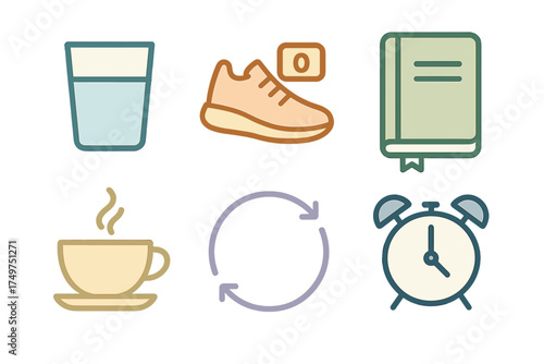Daily routine and healthy lifestyle icons for tracking habits and schedule