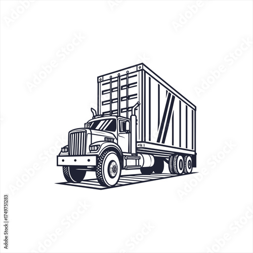 Stylized black and white illustration of a semi truck with a cargo container