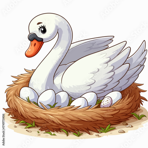 A charming cartoon illustration of a white swan nesting on a bed of straw with several white eggs.