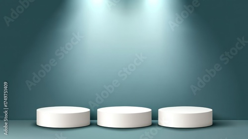 Three white podiums on teal background, spotlight. Product display, award ceremony
