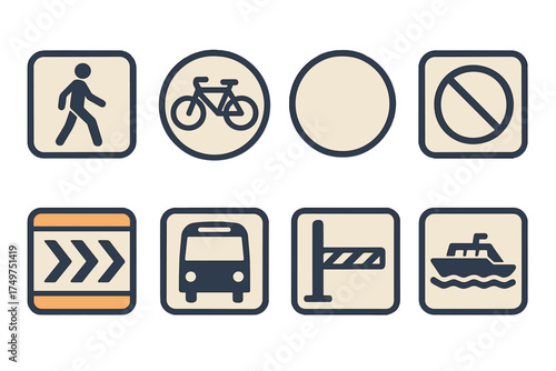 Collection of transportation and traffic regulation pictograms in muted colors