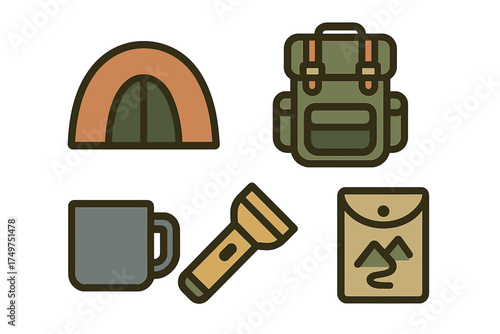 Camping and hiking equipment icons set with tent backpack mug and flashlight