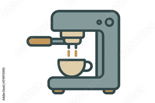 Stylized icon of espresso machine brewing hot coffee into a small cup