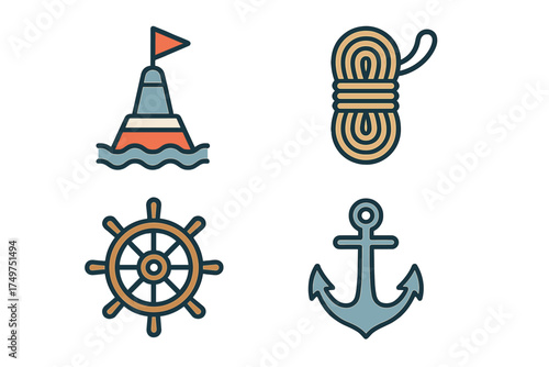 Set of nautical equipment icons featuring buoy, rope, ship wheel, and anchor