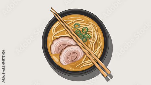 A bowl of ramen with chopsticks resting on top featuring sliced pork and green onions in broth