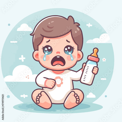 A cute cartoon baby with brown hair is crying loudly while holding an empty milk bottle, sitting on a light blue background with clouds.