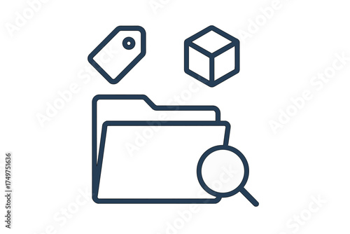 Data management icons set featuring folder tag and geometric shape outlines