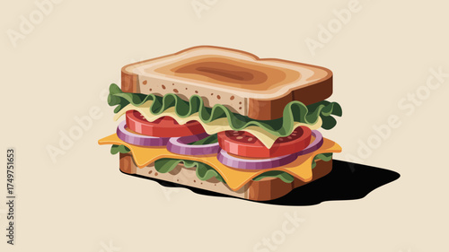Illustration of a sandwich with lettuce tomato onion and cheese on toasted bread slices