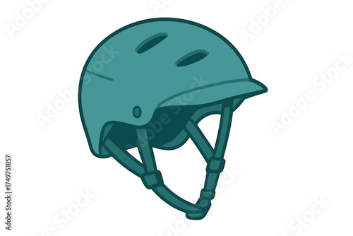 Teal protective sports helmet with chin strap and ventilation holes