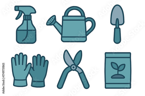 Gardening tools and supplies icons for planting and maintenance tasks