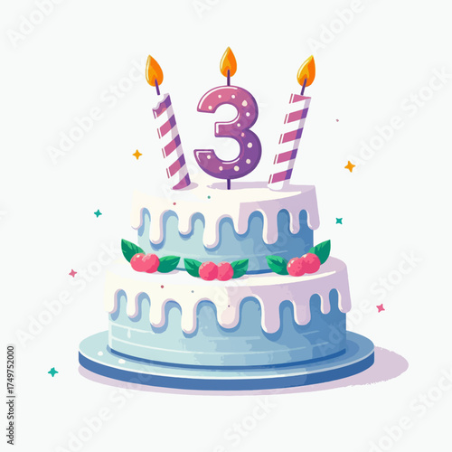 A delightful two-tiered birthday cake, adorned with frosting, berries, and three lit candles, celebrating a third birthday.