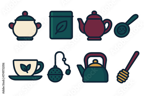 Stylized icons for tea preparation and serving accessories