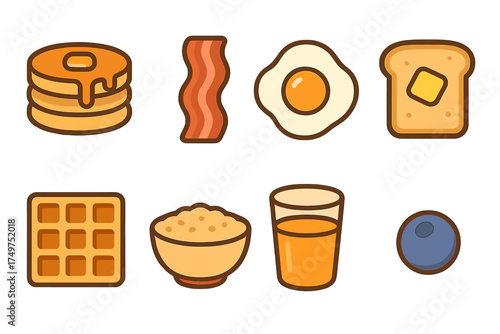 Classic American breakfast food icons featuring thick outlines and simple shapes
