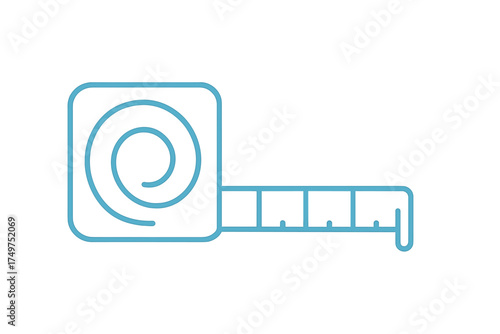Minimalist blue line icon of a retractable measuring tape tool