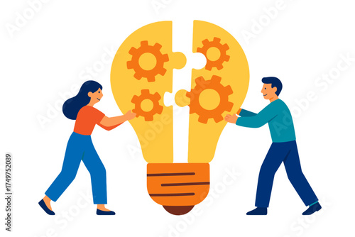 Teamwork assembling lightbulb puzzle with internal gears for idea generation