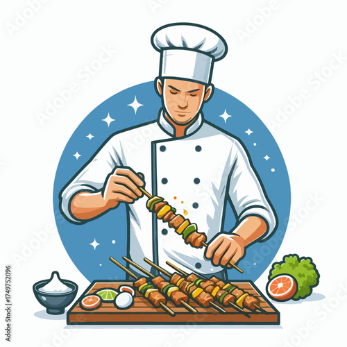 A skilled chef meticulously prepares skewers of meat and vegetables on a wooden cutting board, surrounded by fresh ingredients.
