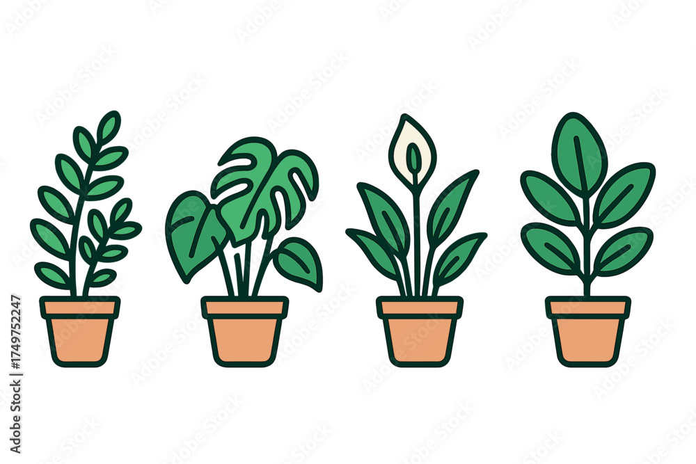 Fototapeta premium Four stylized potted houseplant icons featuring vibrant green foliage