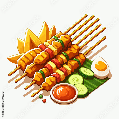 An appetizing illustration of grilled chicken skewers with bell peppers and onions, served with potato wedges, sliced cucumber, a boiled egg, and dipping sauce.