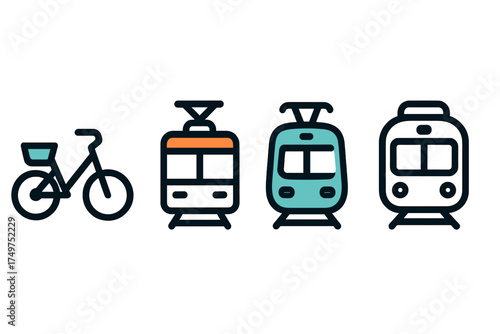 Urban public transport icons featuring bicycle and various train types