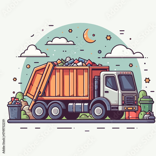 A cartoon illustration of a large orange and white garbage truck filled with trash, driving on a road with bins and a stylized night sky.