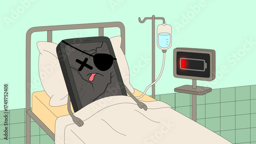 A broken smartphone with a cracked screen and eyepatch lies in a hospital bed, receiving an IV drip, while a monitor shows a critically low battery, illustrating digital exhaustion or the urgent need 