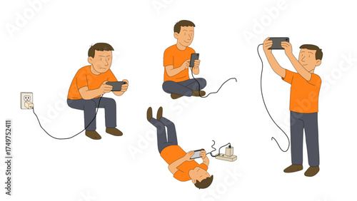 Man using smartphone and charging cable in various scenarios, depicting mobile device dependence and modern connectivity lifestyle.