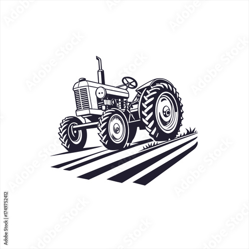Vintage tractor plowing a field with stylized stripes