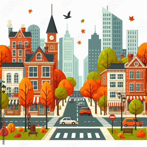 A vibrant autumn cityscape illustration featuring colorful trees lining a street with cars and pedestrians, set against a backdrop of diverse buildings.