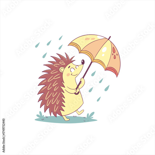 Cute hedgehog walking in the rain with an umbrella
