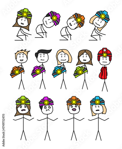 Stickman collection representing cavers, explorers, and spelunkers, wearing colorful hard hats with headlamp