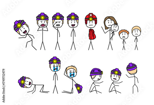 Stickman collection stick figures representing cavers, explorers, and spelunkers, wearing colorful hard hats with headlamp Expressing Diverse Feelings and Reactions.
