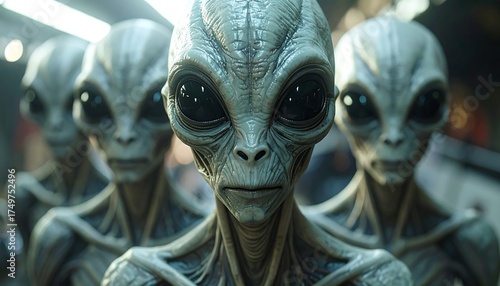 A close-up on a group of humanoids with large, dark eyes and pale skin. They appear stoic, assembled