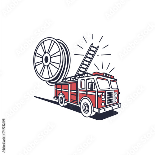 Stylized illustration of a red fire truck with a ladder and hose reel
