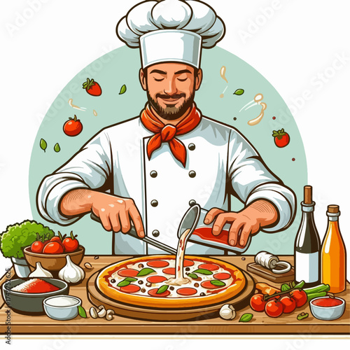 A chef meticulously pours sauce onto a freshly prepared pizza, surrounded by ingredients.