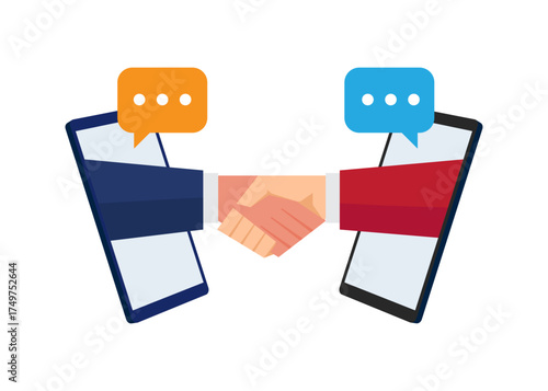 Online cooperation and agreement: two hands stretched out from the smartphone screen to shake hands. Symbol of successful deal, communication concept, stock illustration.