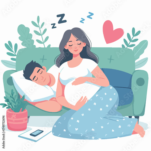 A pregnant woman sits on the floor, gently holding her belly, while her partner sleeps peacefully on the couch behind her, depicting a serene moment of expectant parenthood.