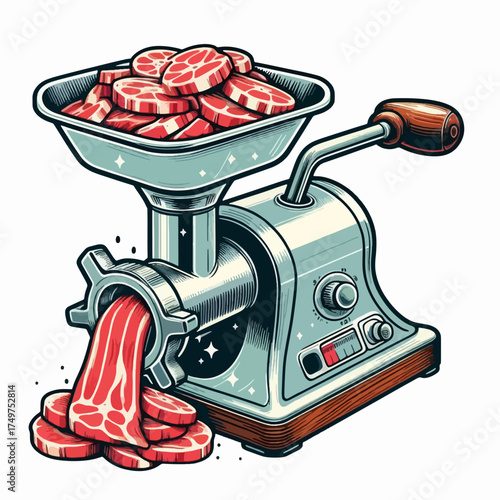 Cartoon illustration of a vintage-style meat grinder processing raw red meat slices into ground meat.
