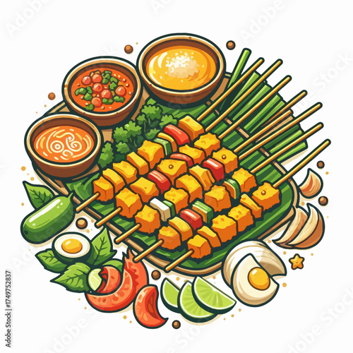 Vibrant illustration of grilled skewers with dipping sauces, fresh vegetables, and garnishes on a platter.