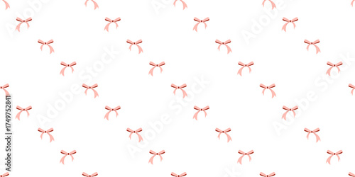 Sweet, delicate vector seamless pattern featuring soft pink bows arranged diagonally, embodying romantic femininity and perfect for Valentine's Day stationery, apparel, or wedding design.