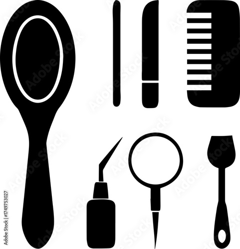 A magnifying glass is isolating a set of combs, hair brushes, and hair clippers on a white background