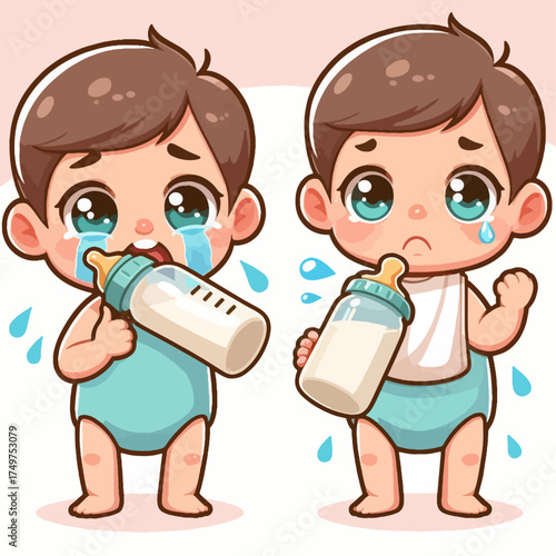 Two cute cartoon baby boys crying while holding milk bottles.