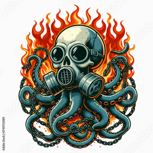A stylized illustration of an octopus with a skull head wearing a gas mask and goggles, surrounded by fiery flames and chains.